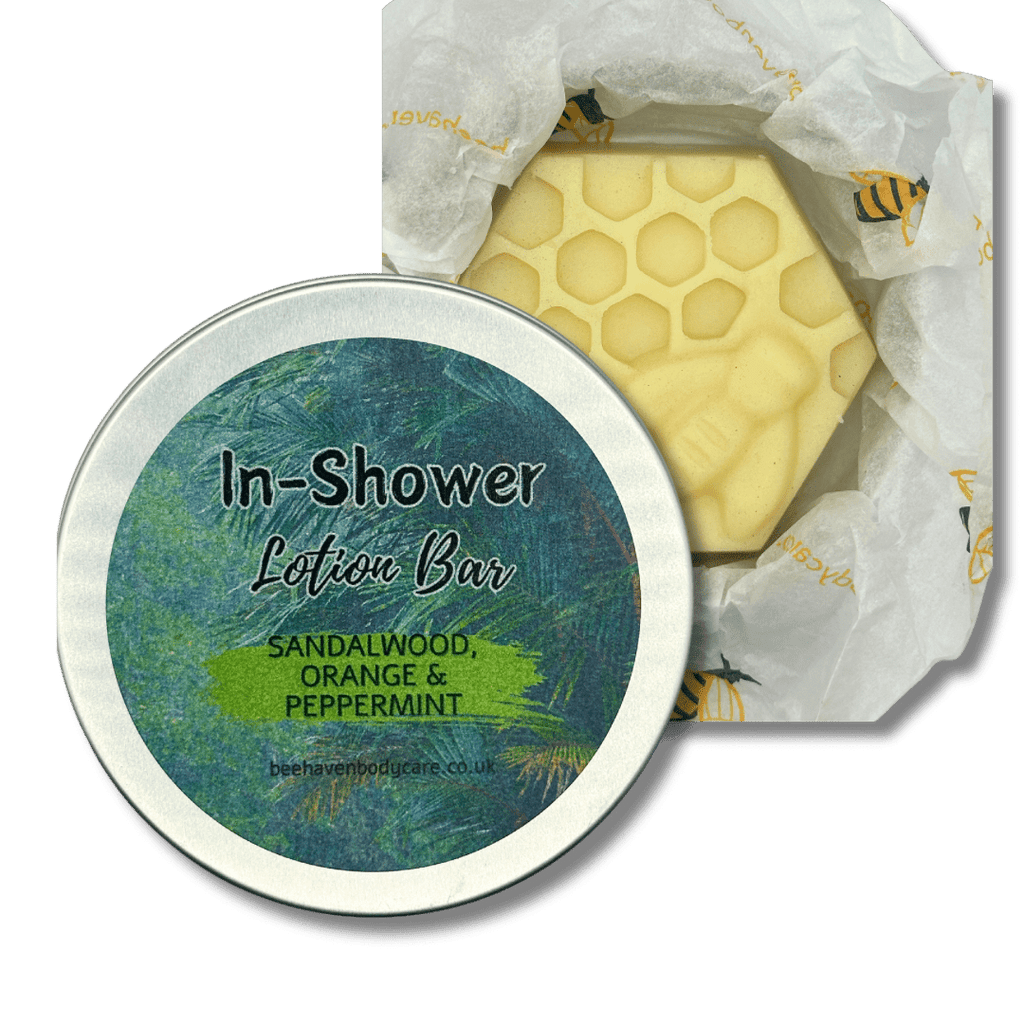 In - Shower Beeswax Body Lotion Bar - Melts to lotion on wet skin (Sandalwood Orange & Peppermint) - Bee Haven Bodycare & Gifts