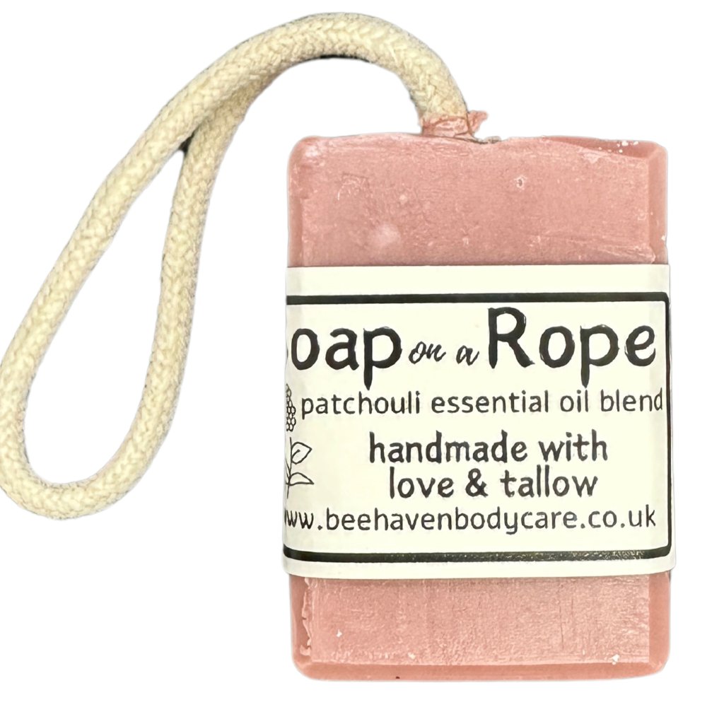 Patchouli Blend (XL) Soap on a Rope Tallow Soap - Essential Oil & Pink Clay - Bee Haven Bodycare & Gifts