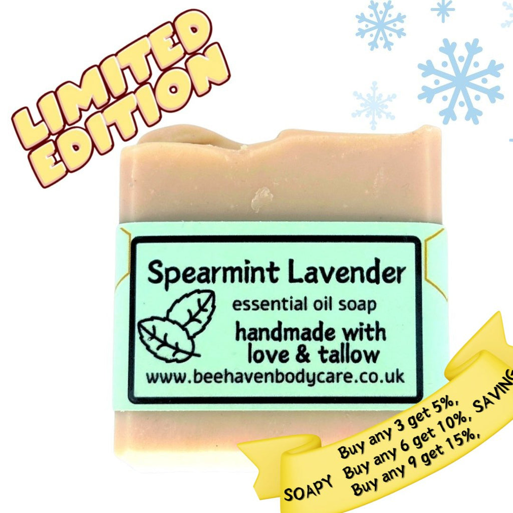 Spearmint Lavender Tallow Soap - Essential Oils with Purple Brazilian Clay - Bee Haven Bodycare & Gifts